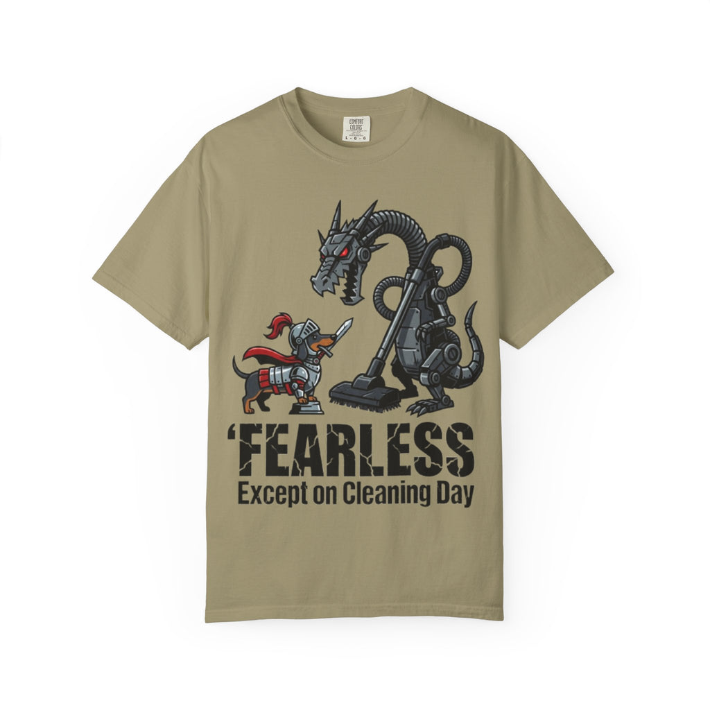 Fearless Except on Cleaning Day T-shirt | Knight vs Dragon Vacuum Humor