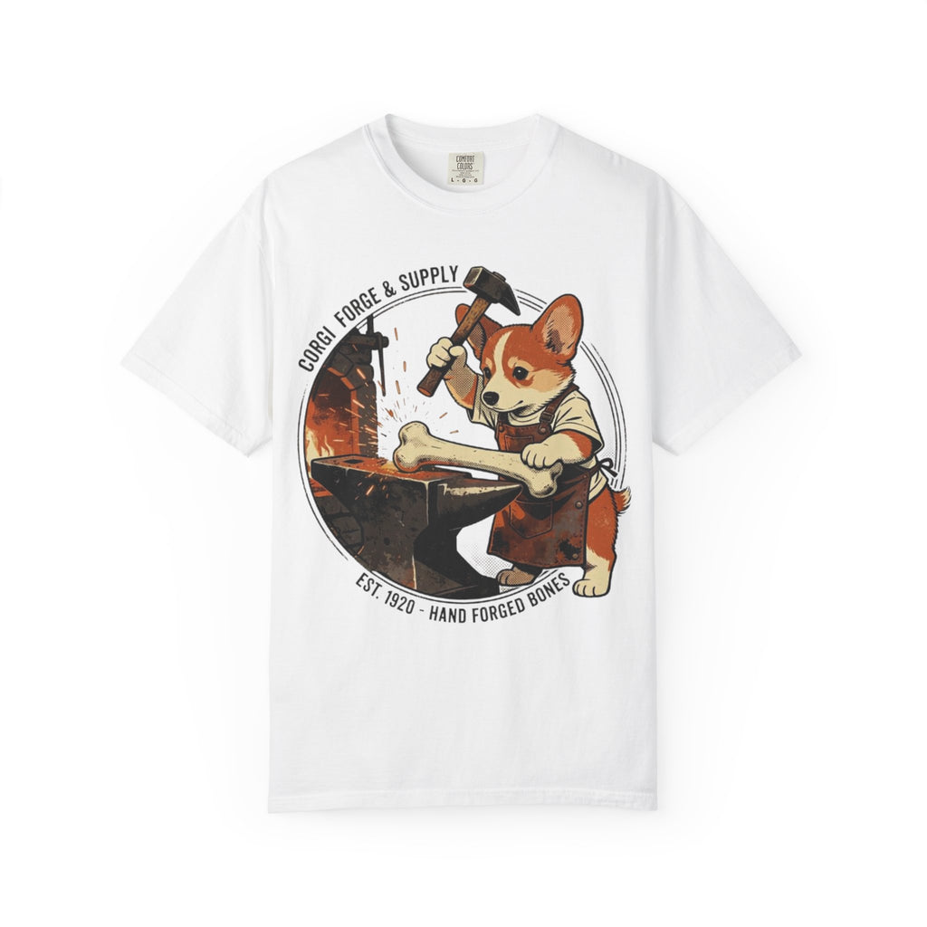 Corgi Blacksmith Illustration T-Shirt | Cute Dog Forge Graphic Tee