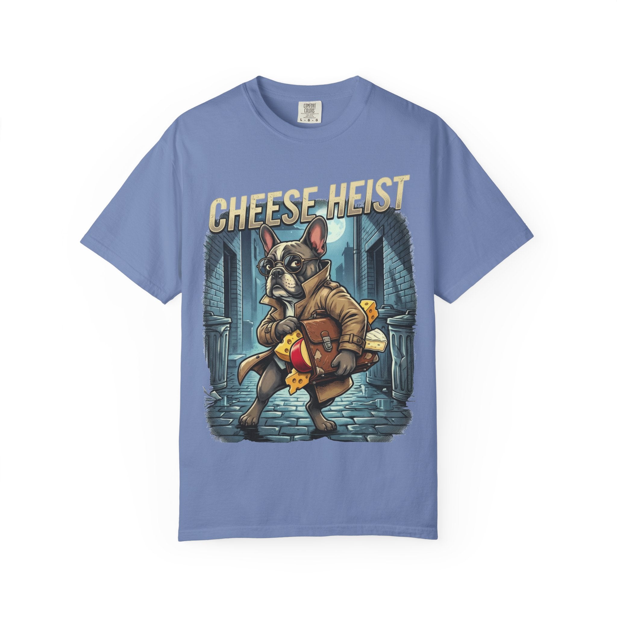 Cheese Heist French Bulldog Thief T-shirt | Cartoon Crime Scene Tee