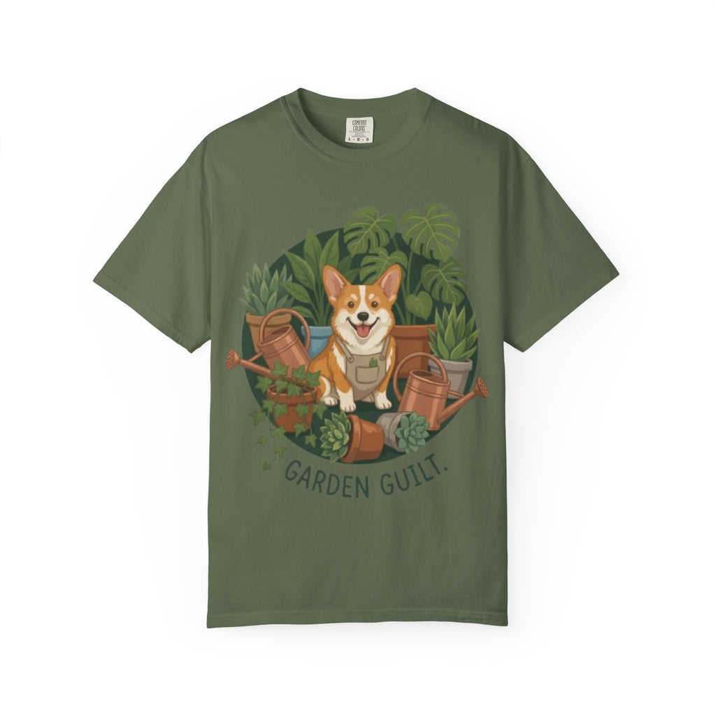 Corgi in Garden 'Garden Guilt' T-Shirt | Gardening Dog Illustration
