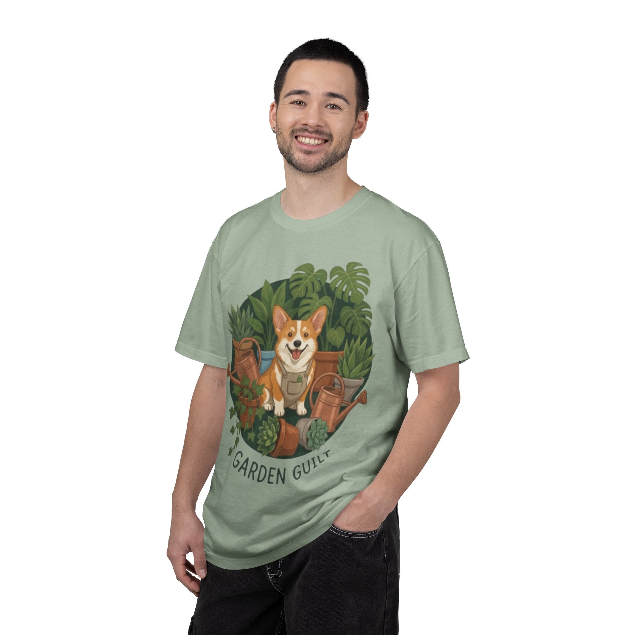 Corgi in Garden 'Garden Guilt' T-Shirt | Gardening Dog Illustration