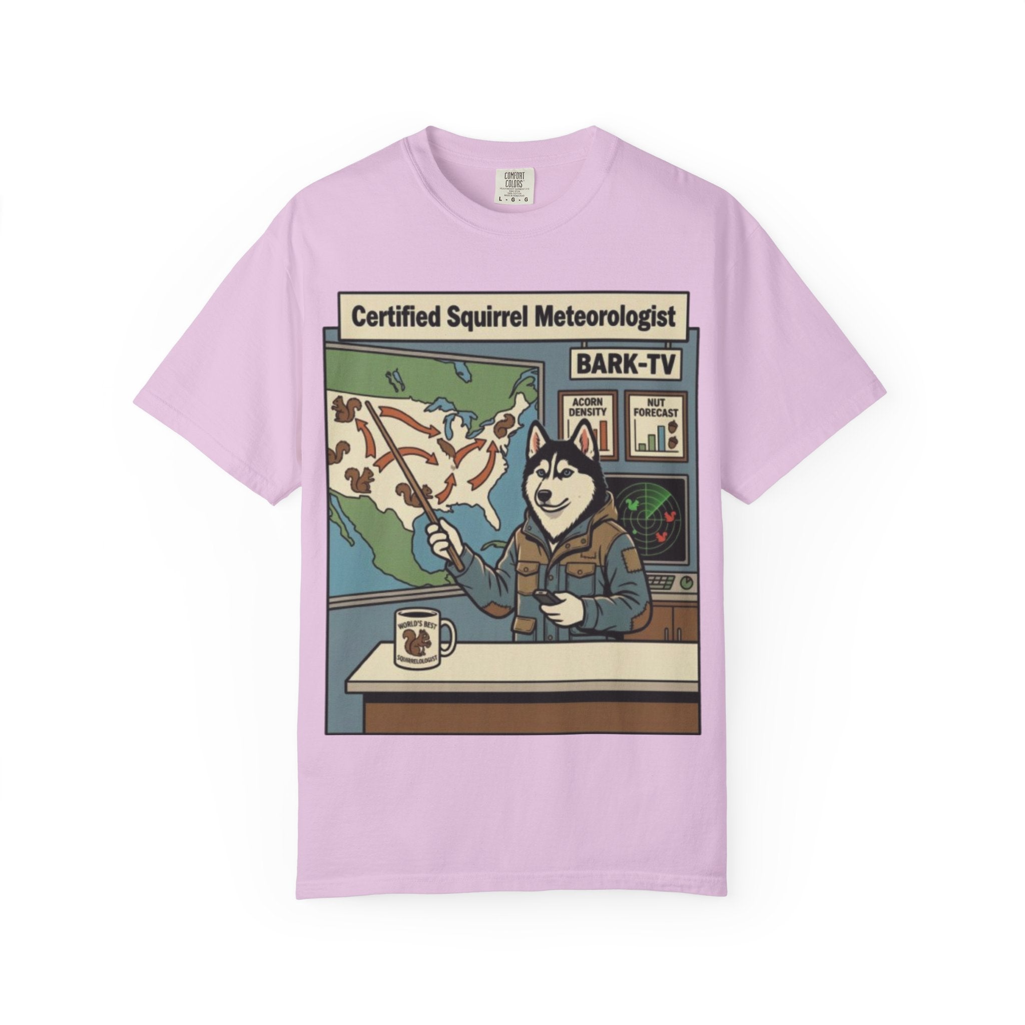 Certified Squirrel Meteorologist Husky TV T-shirt | Weather Desk Dog Illustration